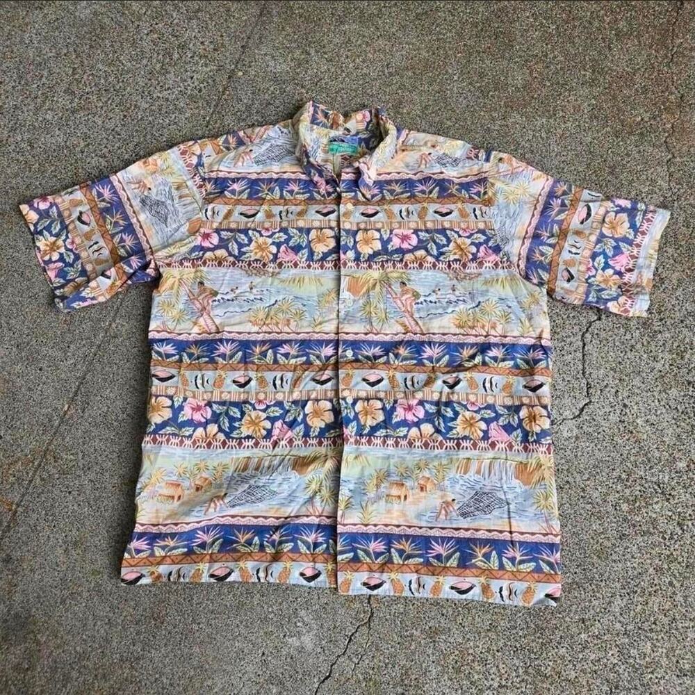 Vtg 80s 90s REYN SPOONER Abstract Nature Scene Beach Hawaiian Button Up Shirt XL